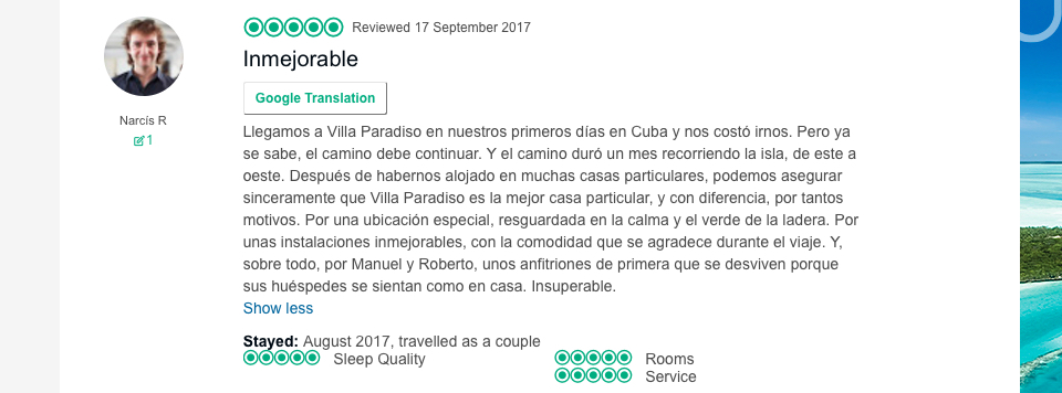 Opinión sobre Villa Paradiso Baracoa escrita por una pareja española