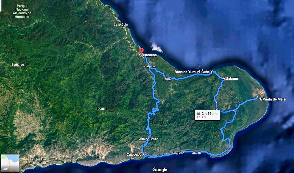 Cuba Road Trip • Loop Baracoa-Cajobabo-Maisi-Baracoa • Google maps screenshot